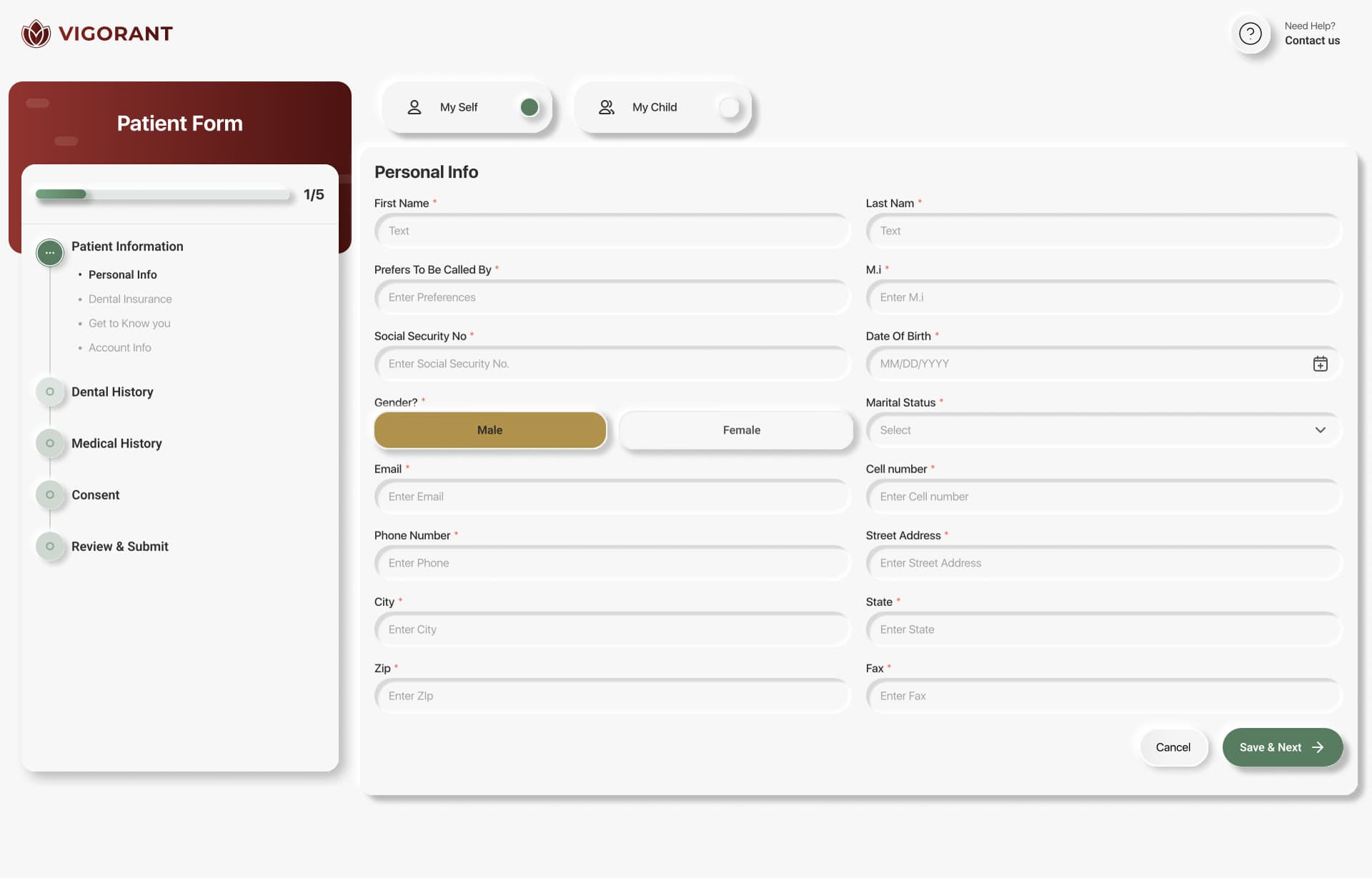 Exploration: patient form with a step tracker and a My Self / My Child toggle