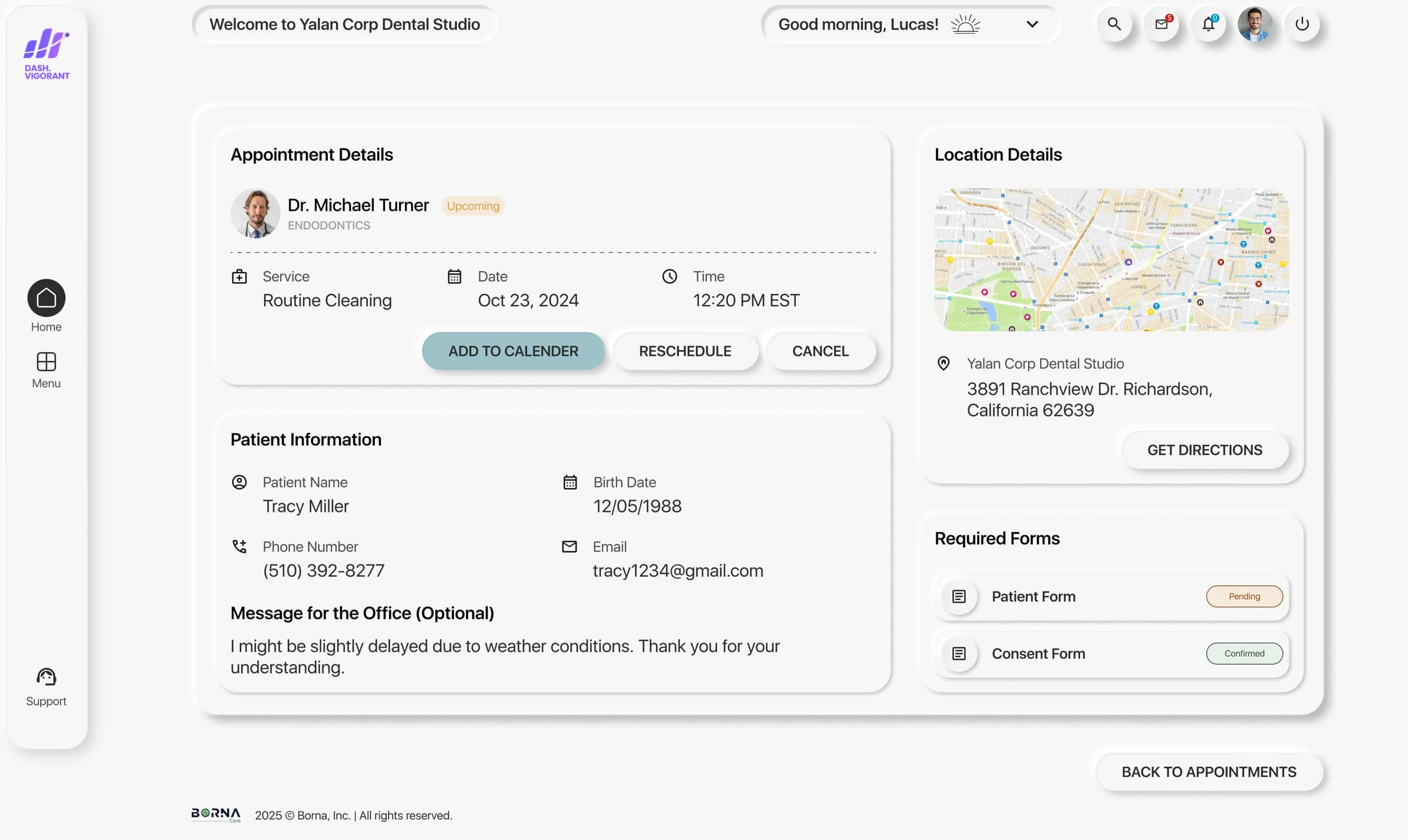 Appointment detail with provider, time, location map and required forms