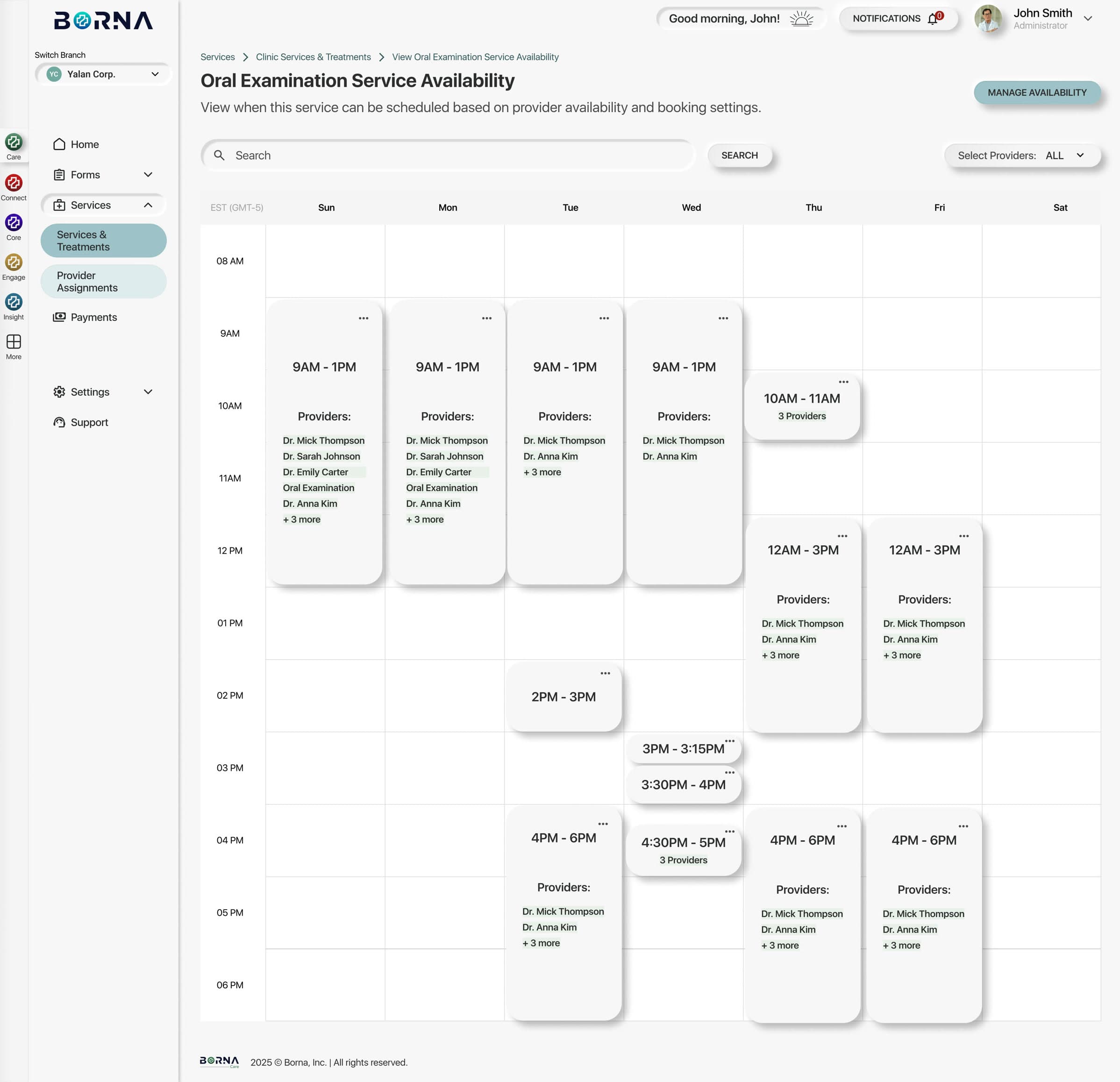 Admin: weekly service availability slots per provider