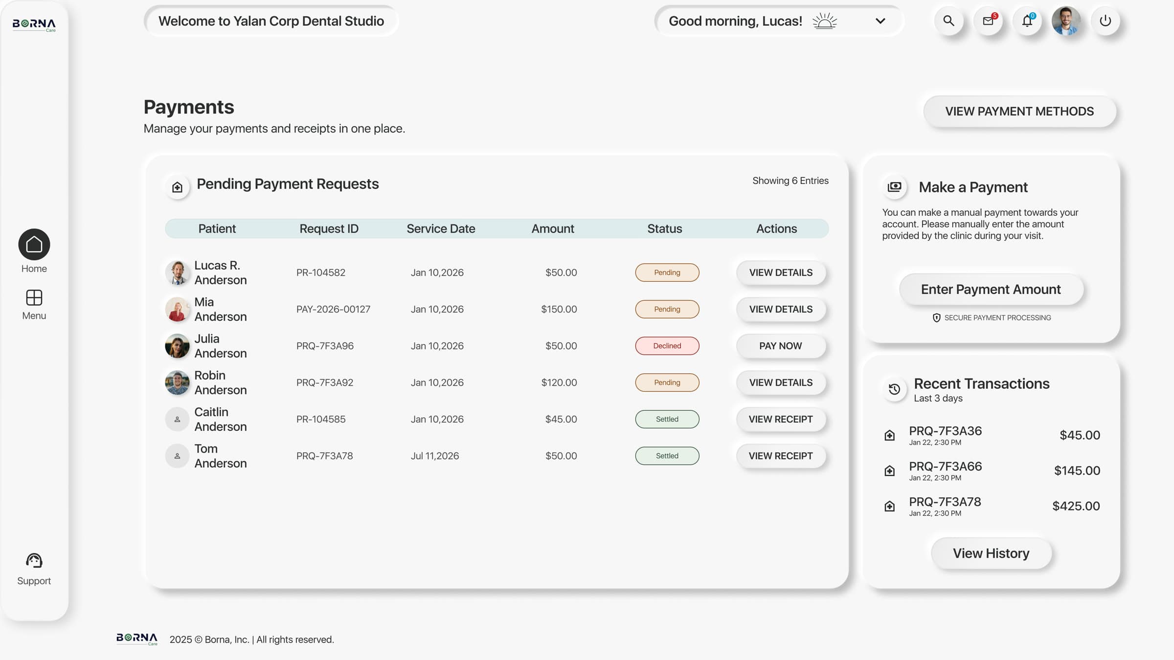 Patient billing: pending payment requests and recent transactions