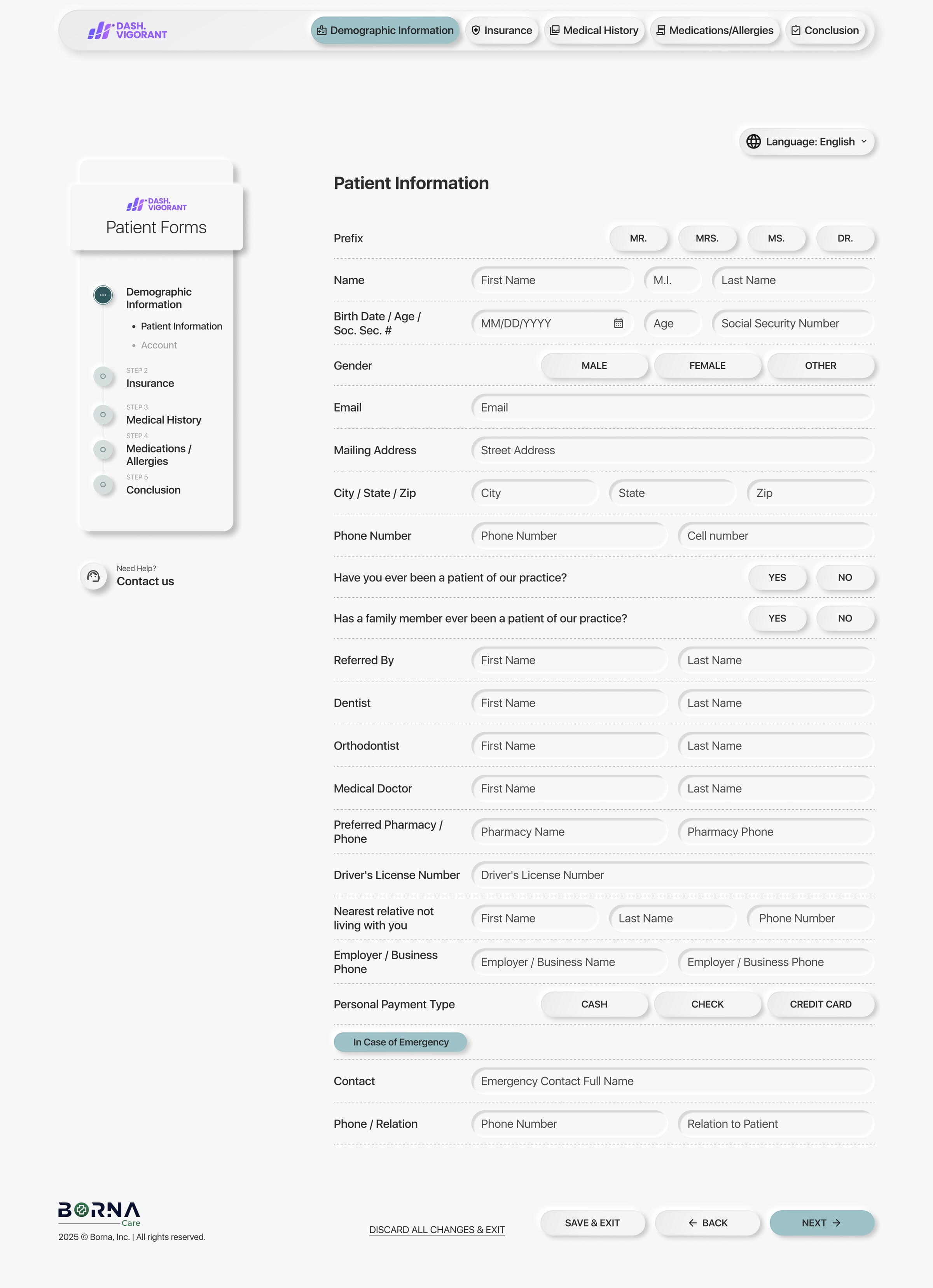 Shipped patient intake form with sections for demographics, dental and medical history