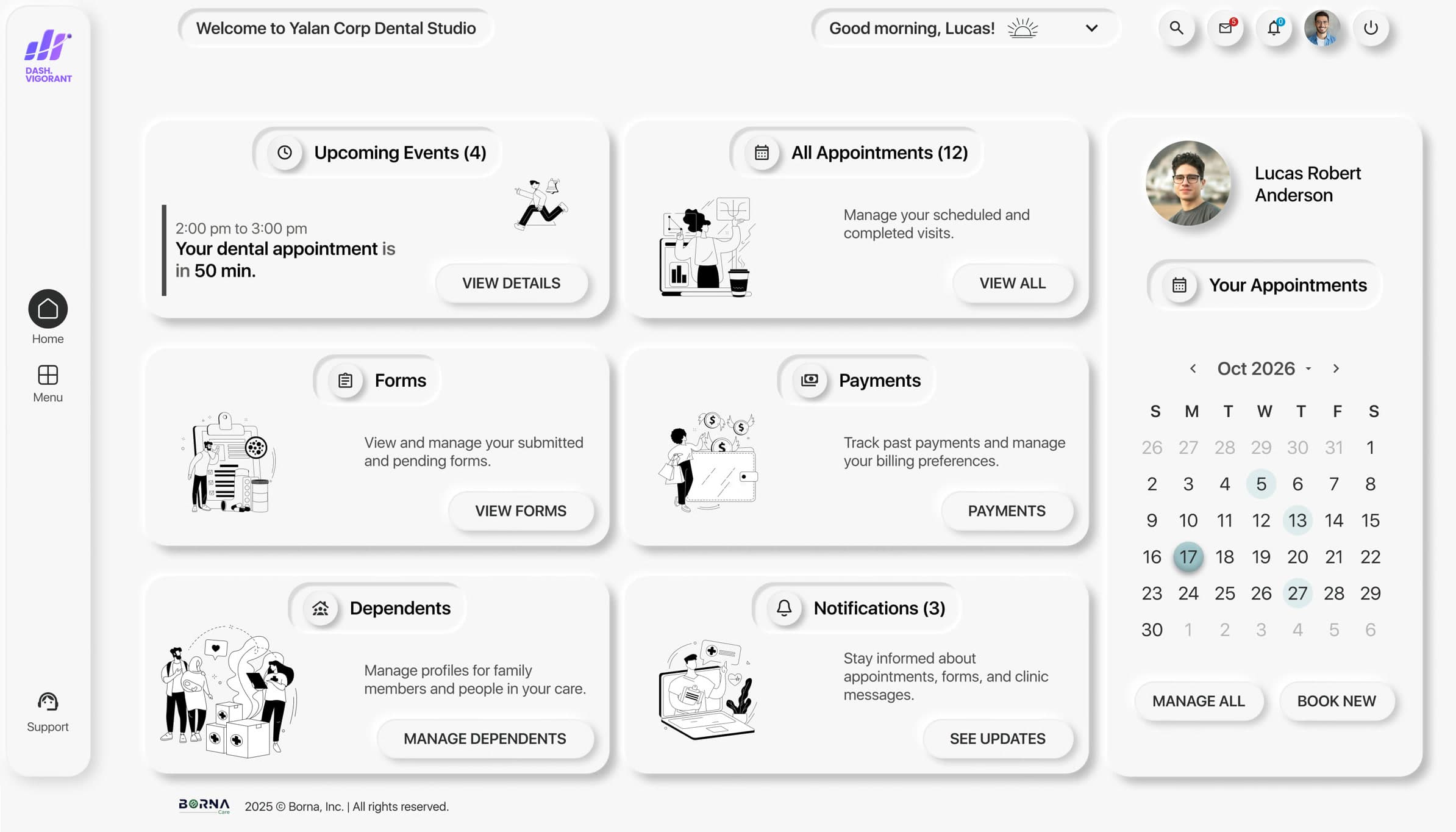 Patient portal home: upcoming appointment, forms, payments, dependents and notifications cards, with a calendar