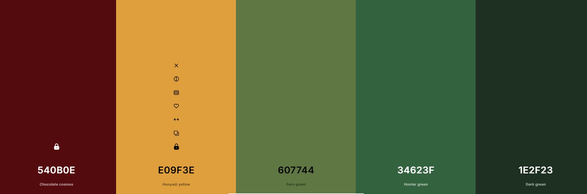 Early palette: deep red, amber and three greens