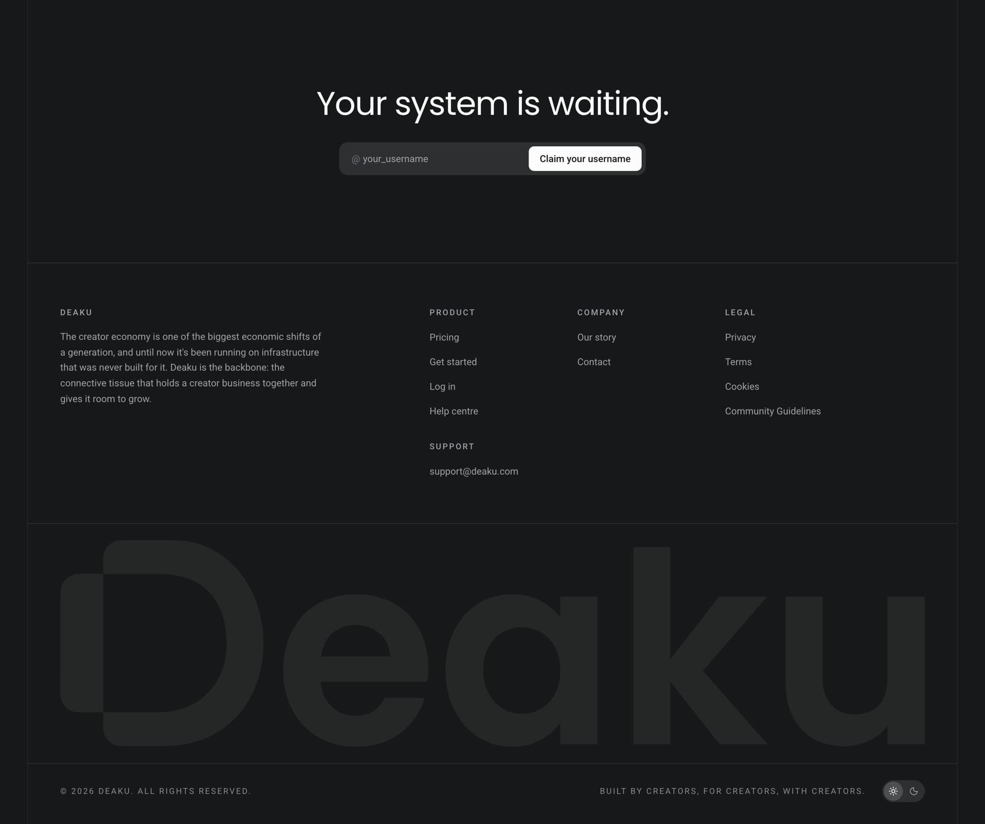 Final call to action and footer: “Your system is waiting”, then the Deaku wordmark between two hairlines