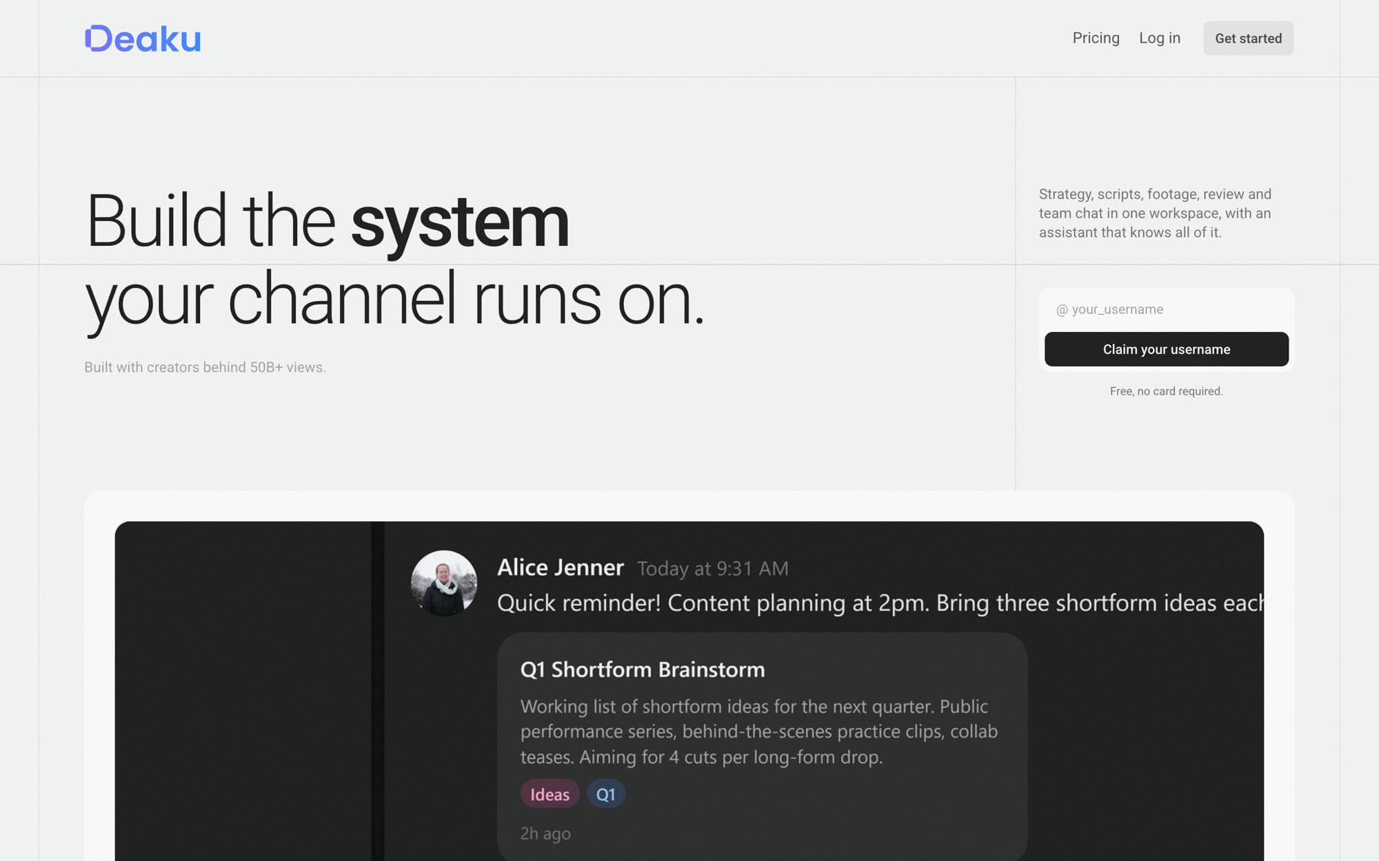 The new Deaku hero: “Build the system your channel runs on”, a username field, and the product below