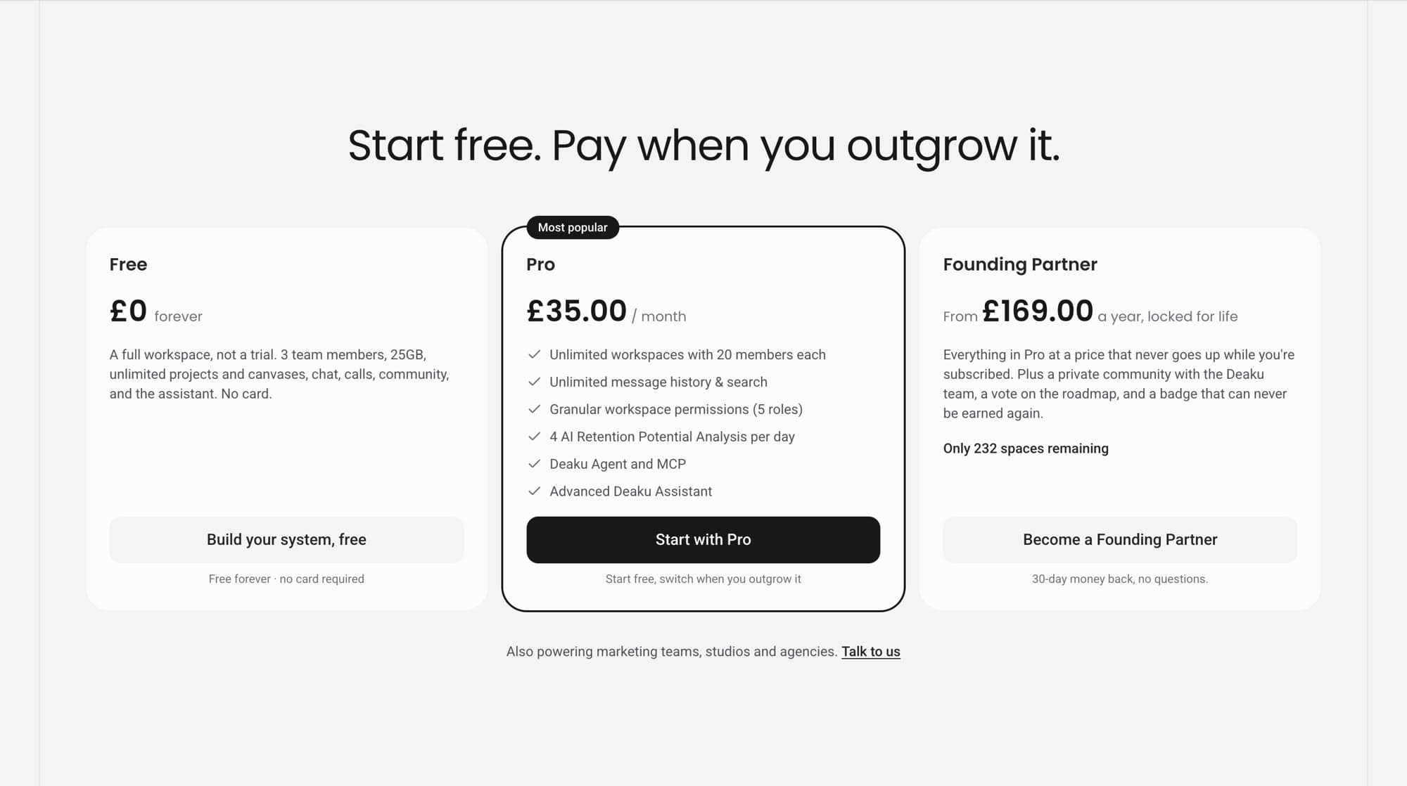 First version of pricing: Free, Pro and Founding Partner as three cards