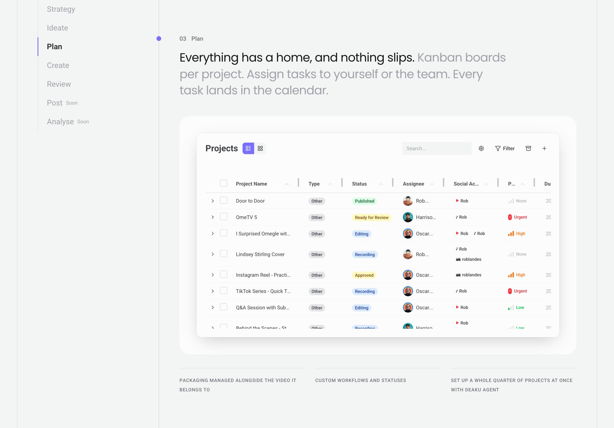 Stage 03, Plan, in the light theme: stage list, thread and a projects table demo